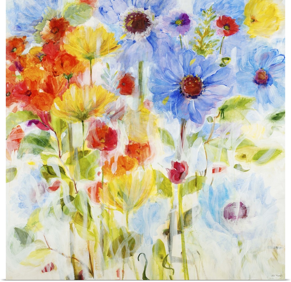 Contemporary painting of vibrant blue yellow and red flowers.