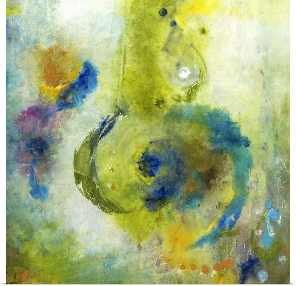 A square abstract painting of swirled shapes in bright colored brush strokes such as green and blue.