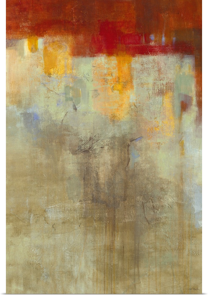 A contemporary distressed abstract painting using earthy tones.