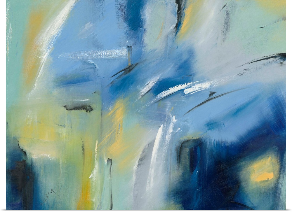 Large blue, green, and yellow abstract painting with black and white brushstrokes on top creating movement.