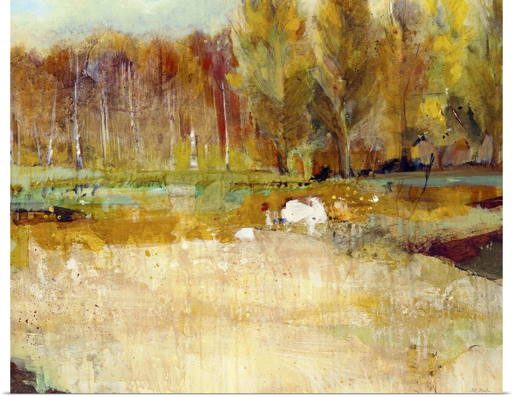 Contemporary landscape painting looking at a line of trees in fall foliage.