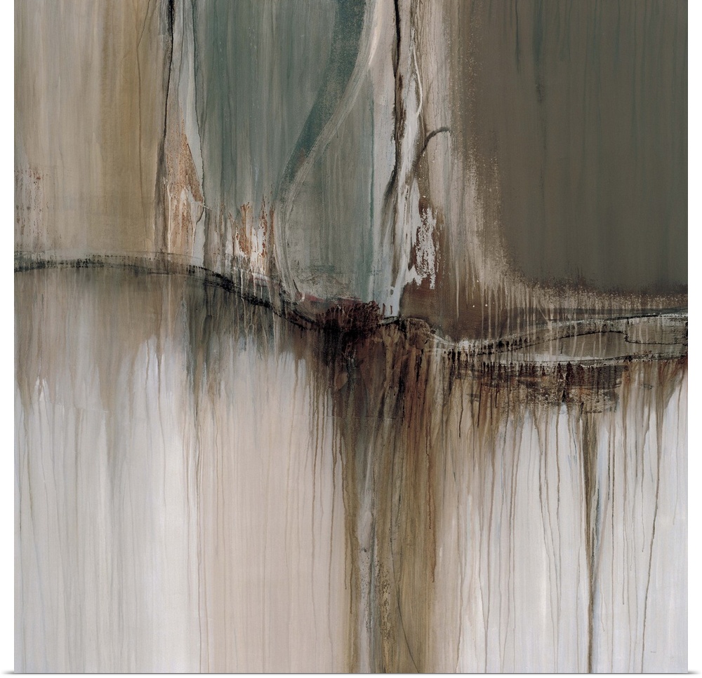 Contemporary abstract painting using earth tones over top of neutral tones.