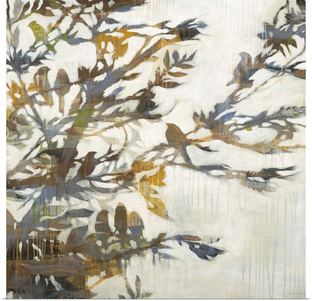 Contemporary painting of a colorful silhouette of a tree branch with birds perched all over it.