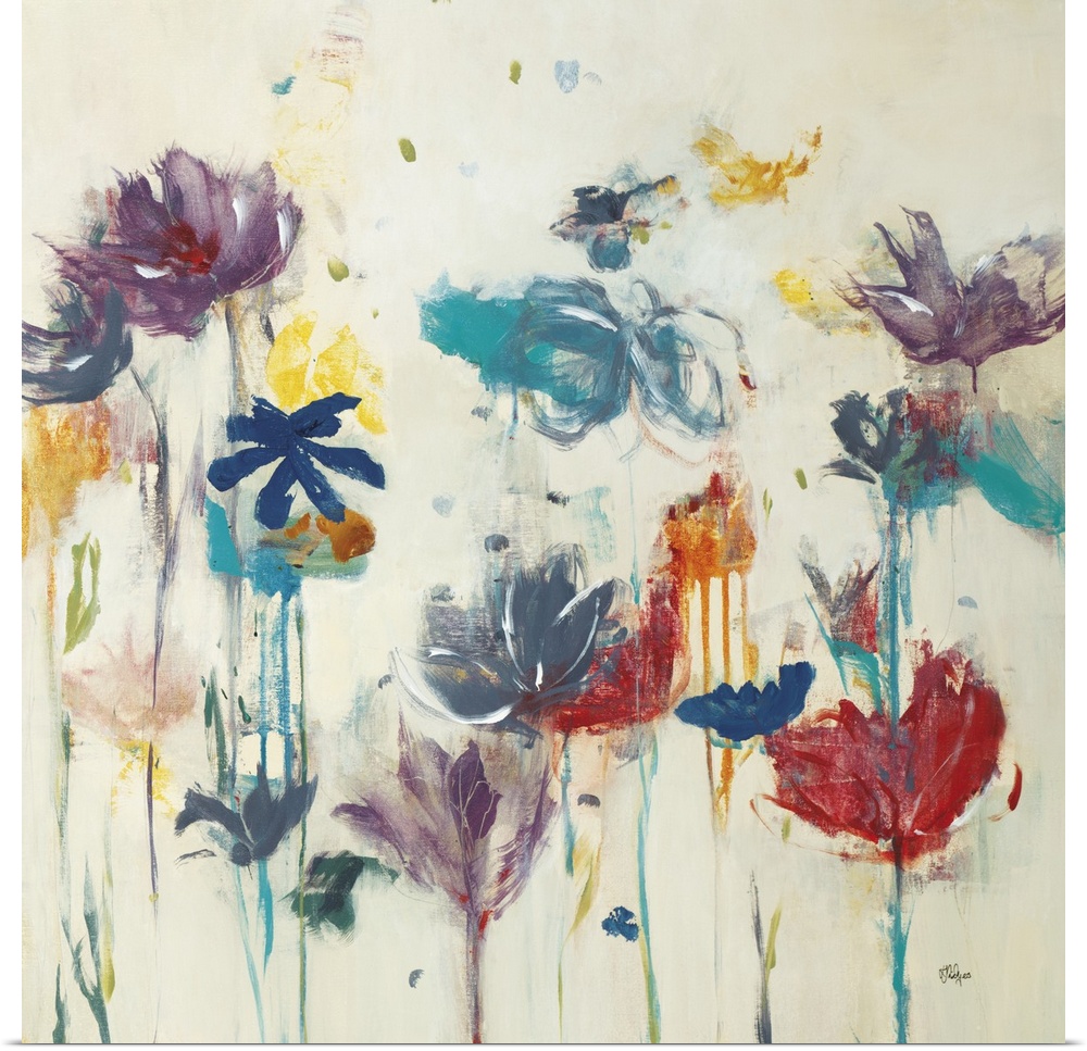 Square contemporary painting of a group of colorful flowers with long stems on a neutral background.