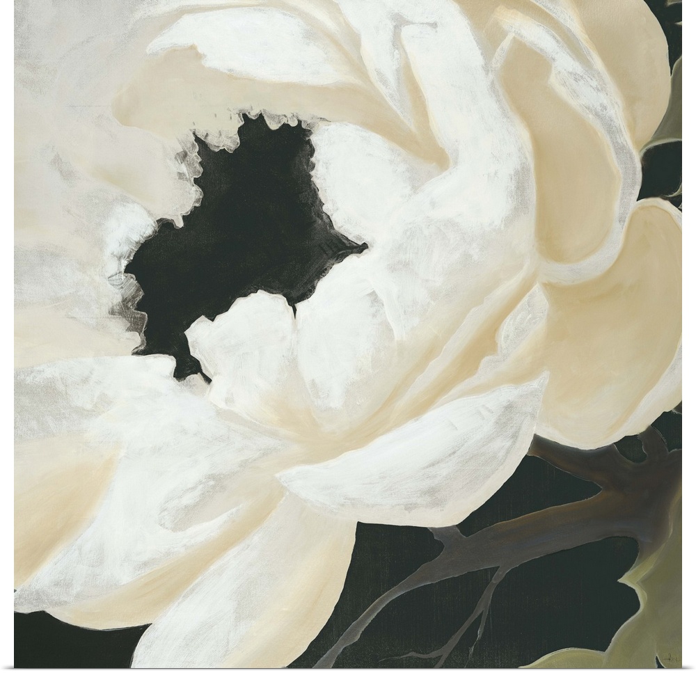 Contemporary painting of a white silken flower close-up in view.