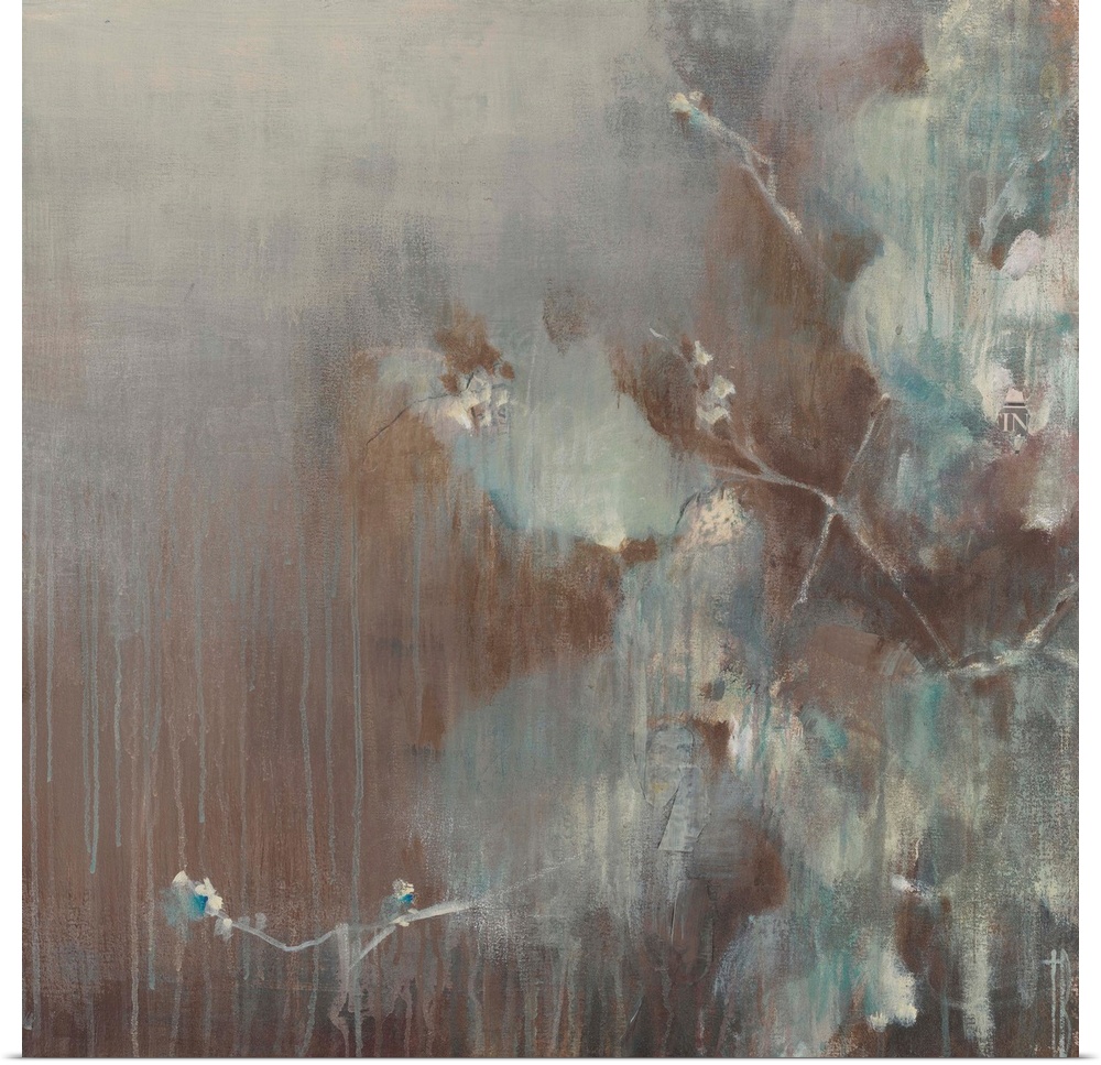 Contemporary abstract painting using pale muted blue tones dripping against a deep brown background.