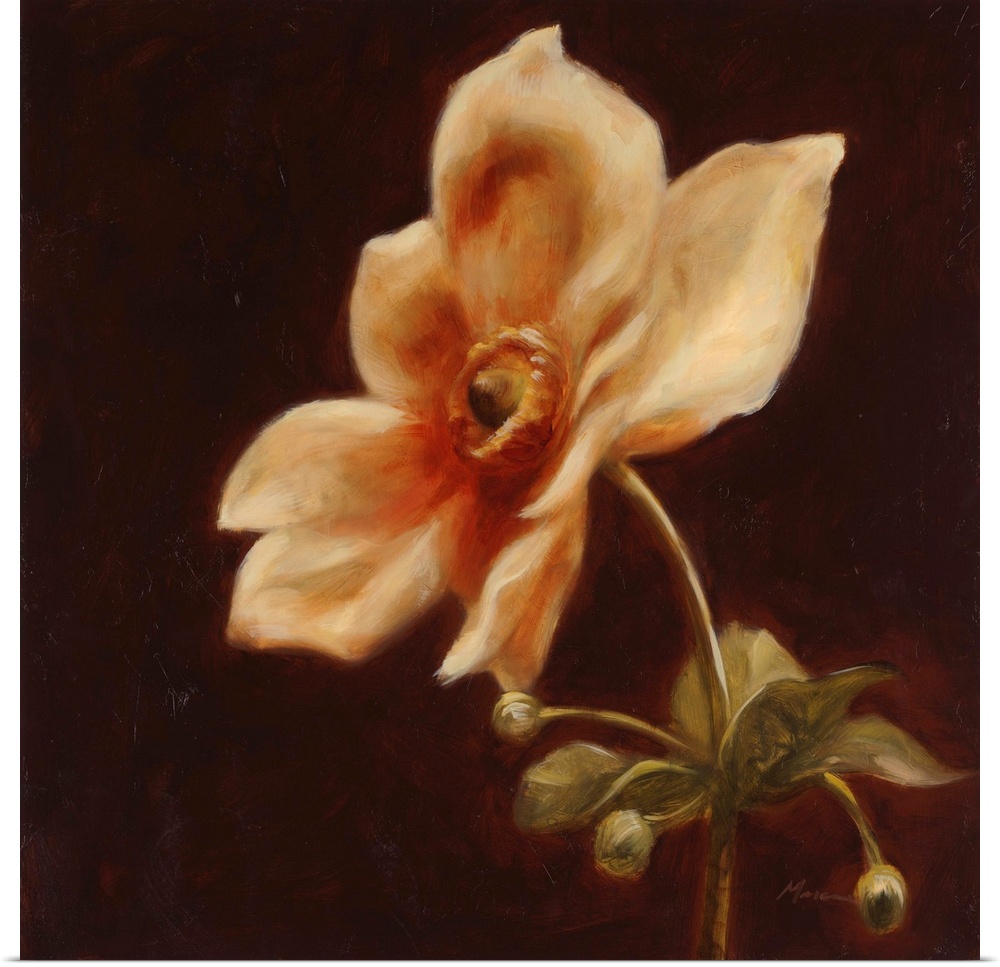 A square contemporary painting of a large dahlia bloom in shades of orange.