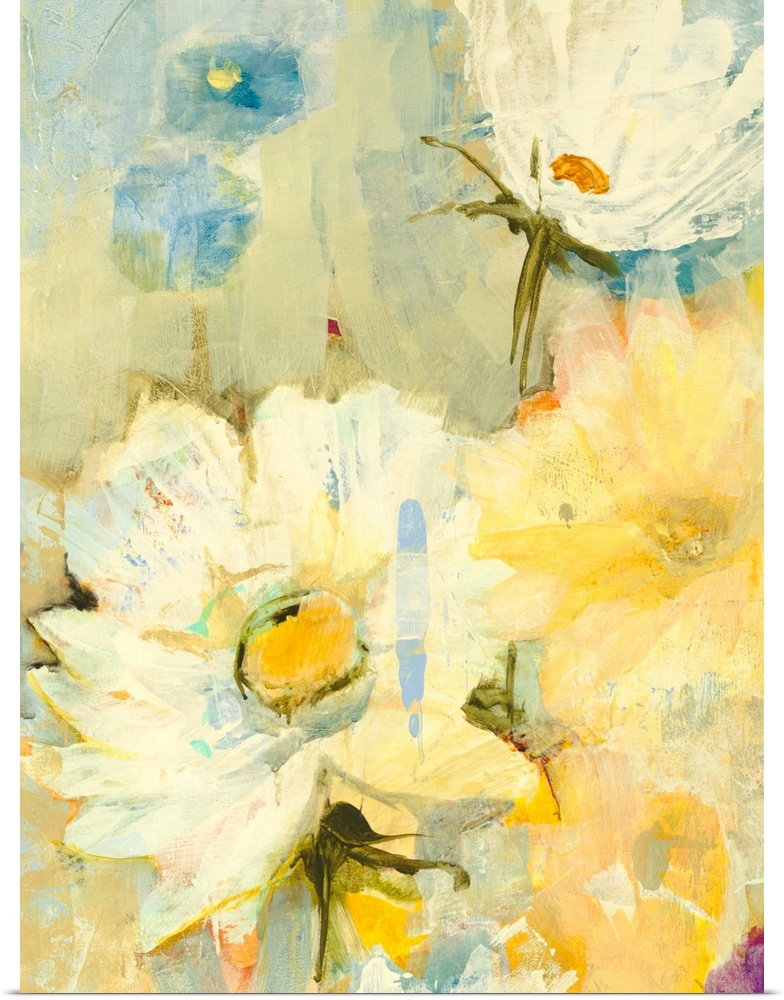 A decorative floral painting in bright, warm yellow tones.