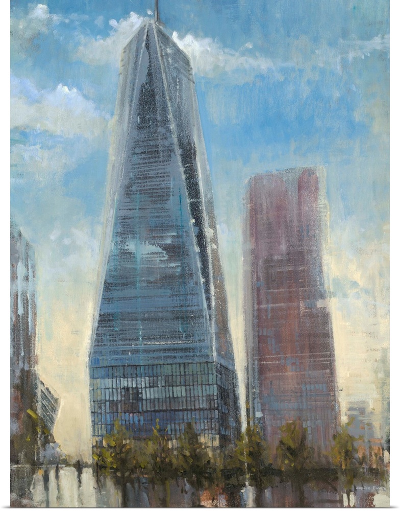 Contemporary painting of the Freedom Tower in New York City with a washed out look.