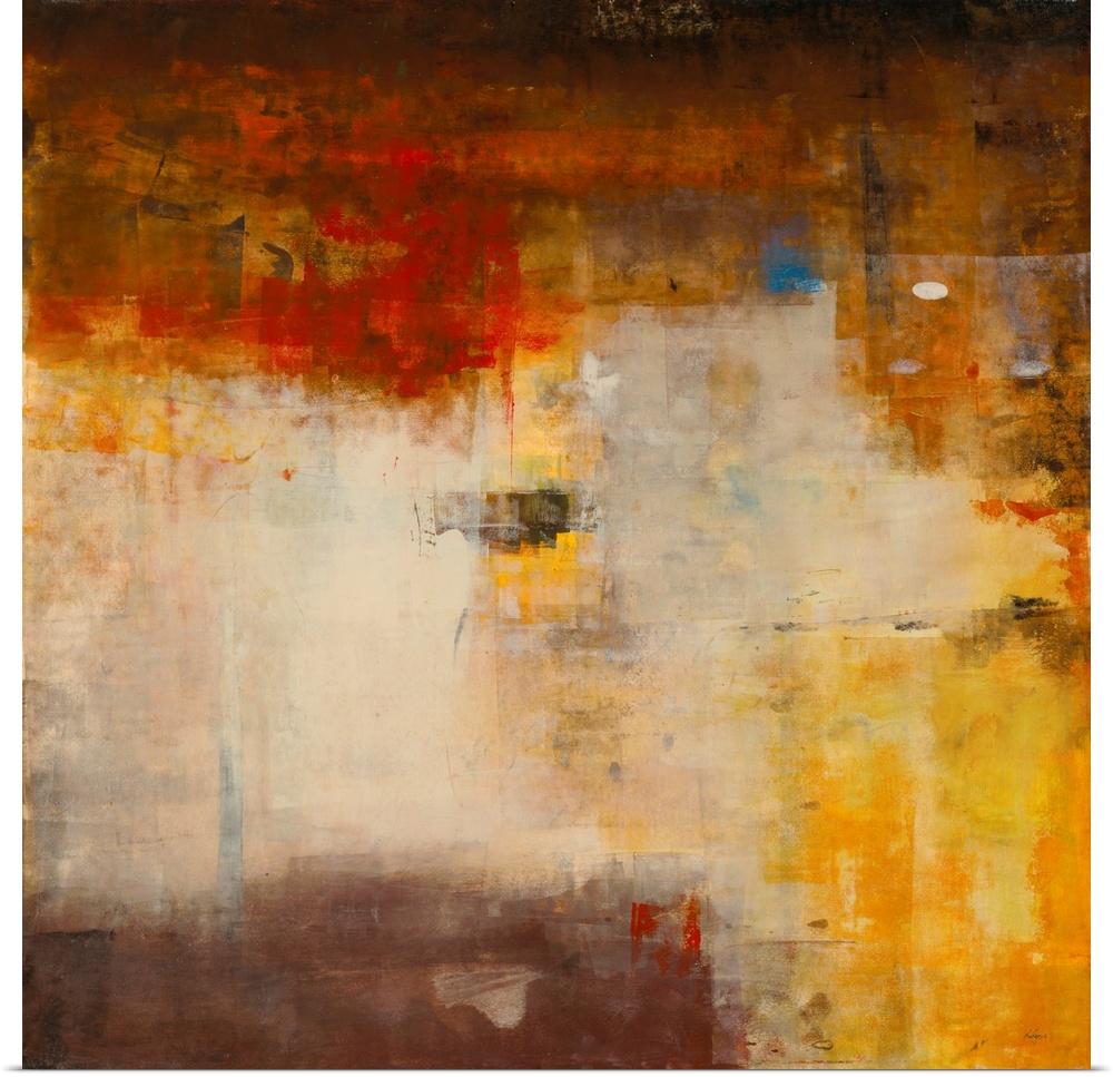 Huge abstract art that utilizes square shapes, Earthy tones and some rough texture.
