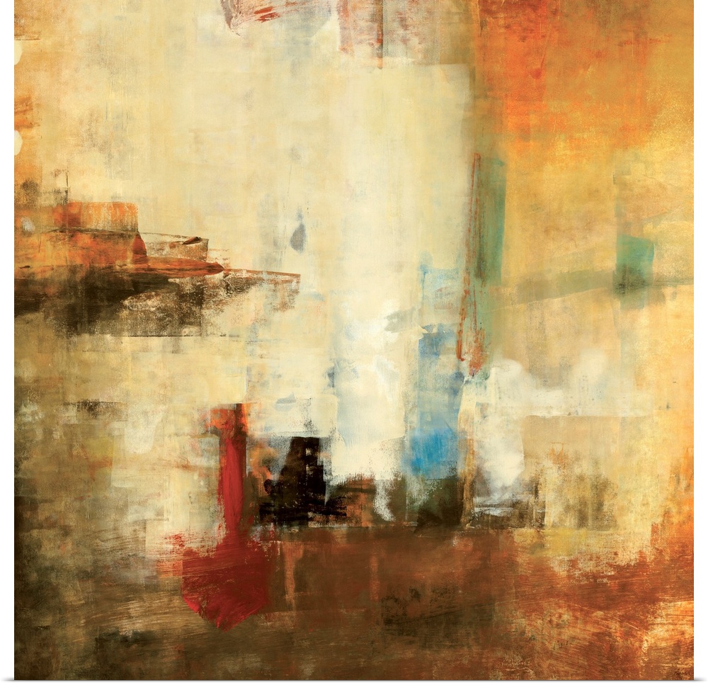 Huge abstract art that utilizes square shapes, Earthy tones and some rough texture.