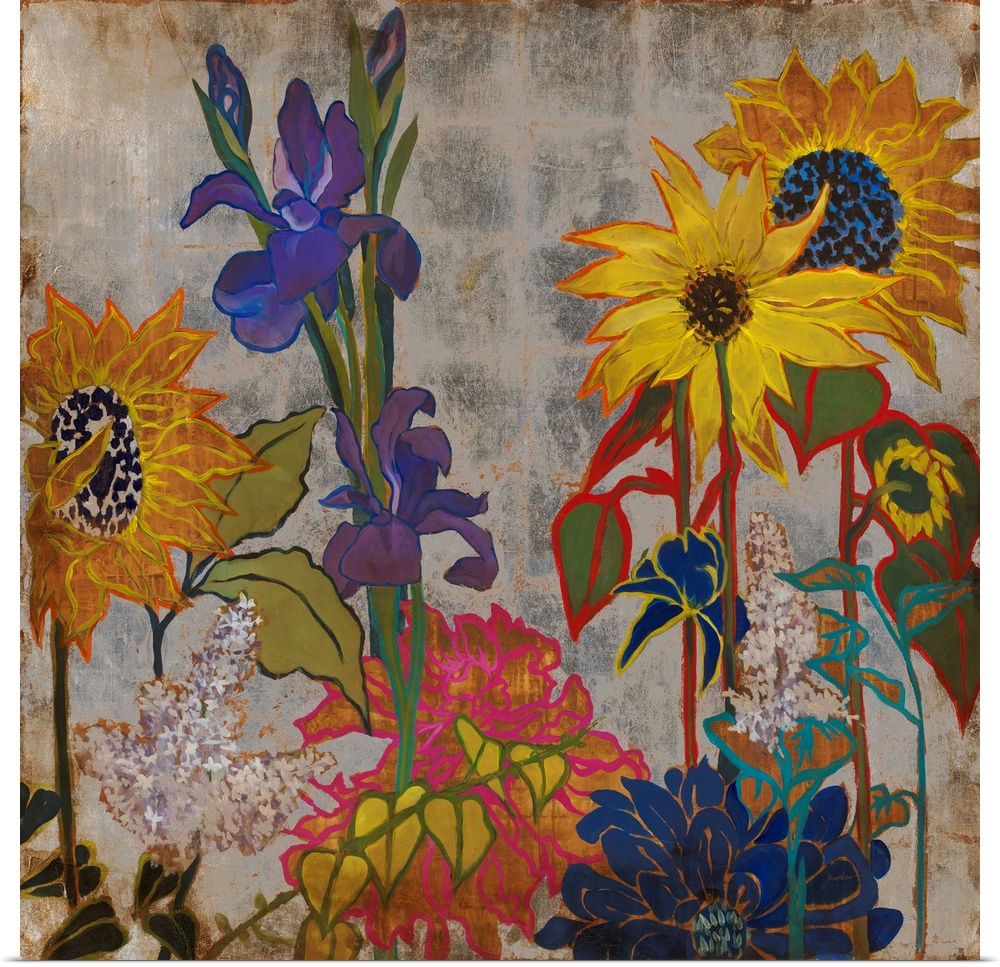 A square painting of primary colored wild flowers in a garden with a silver square patterned background.