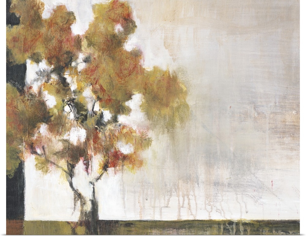 Contemporary painting of a lone tree using earth tones and weathered textures.