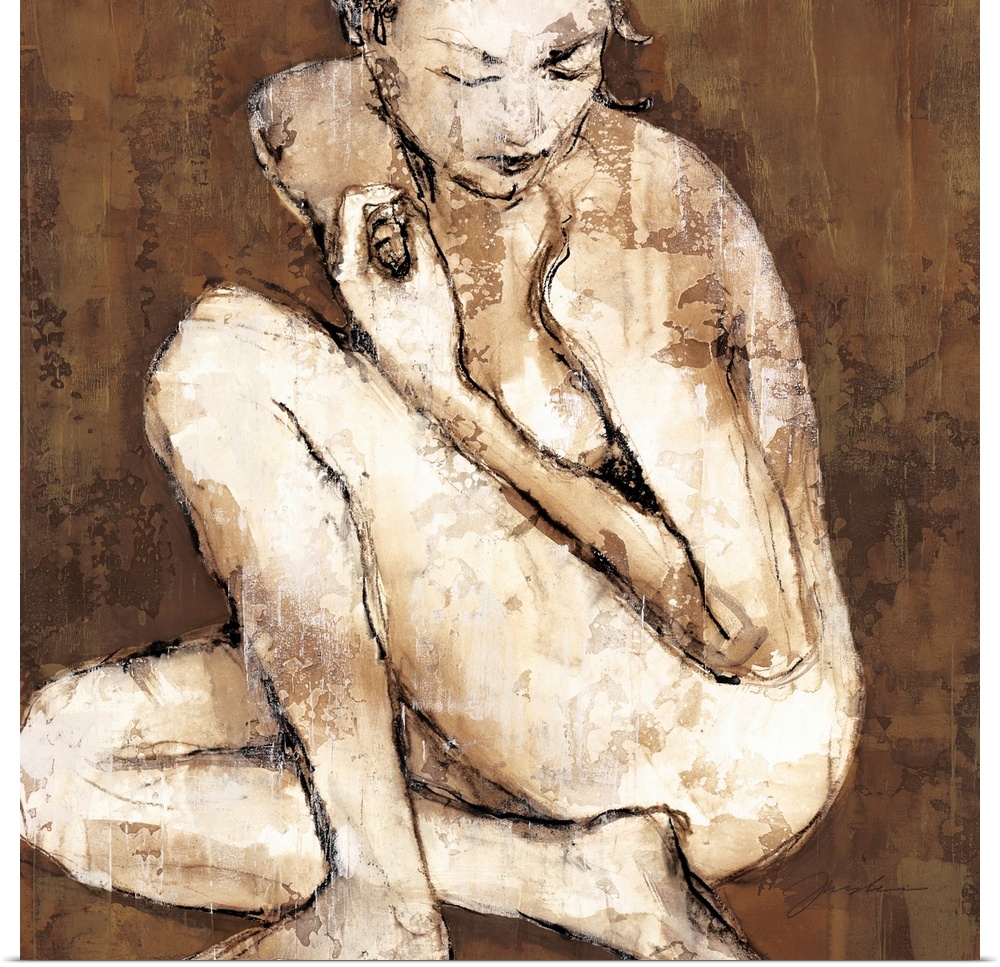 A painting of a woman crouched down with a grungy background.