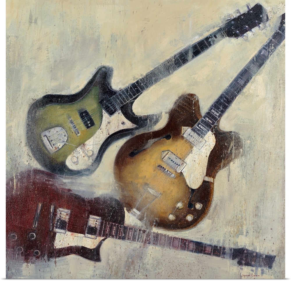 Painting of three different color guitars on a textured neutral color background.