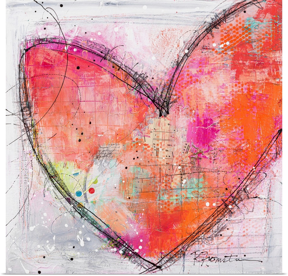 A sweet sketchy image of a pink and orange heart outlined in black sketch lines. This is a warm and inviting contemporary ...