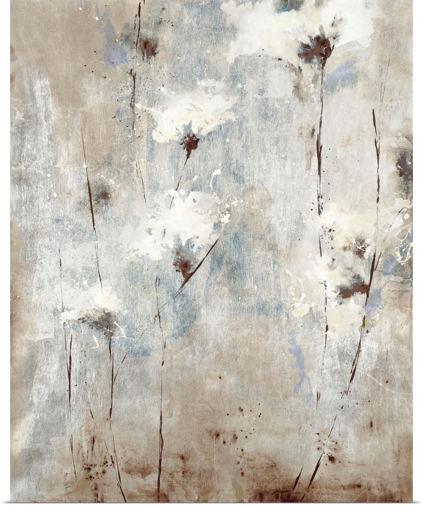 A soft, contemporary painting of whispy white flowers on a neutral background with blue tones