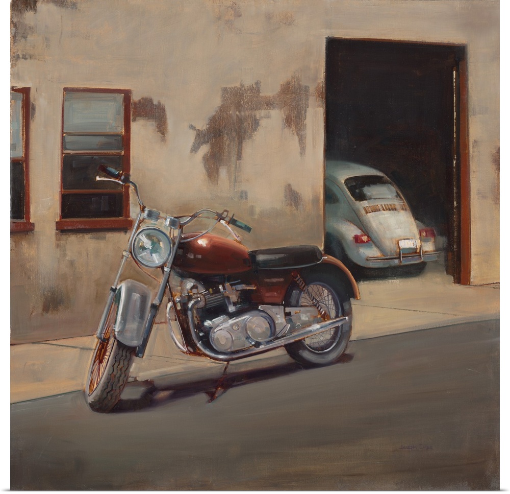 Contemporary painting of a motorcycle parked outside on the street with a building in the background with an old school VW...