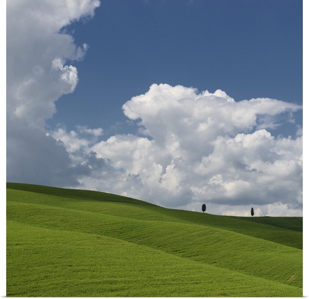 A photograph of a green valley with massive fluffy clouds hanging overhead.