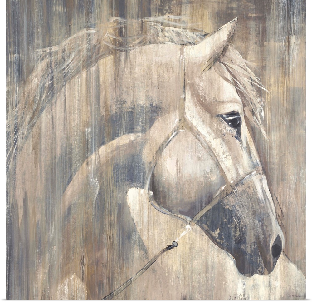 Contemporary painting of a white horse portrait.
