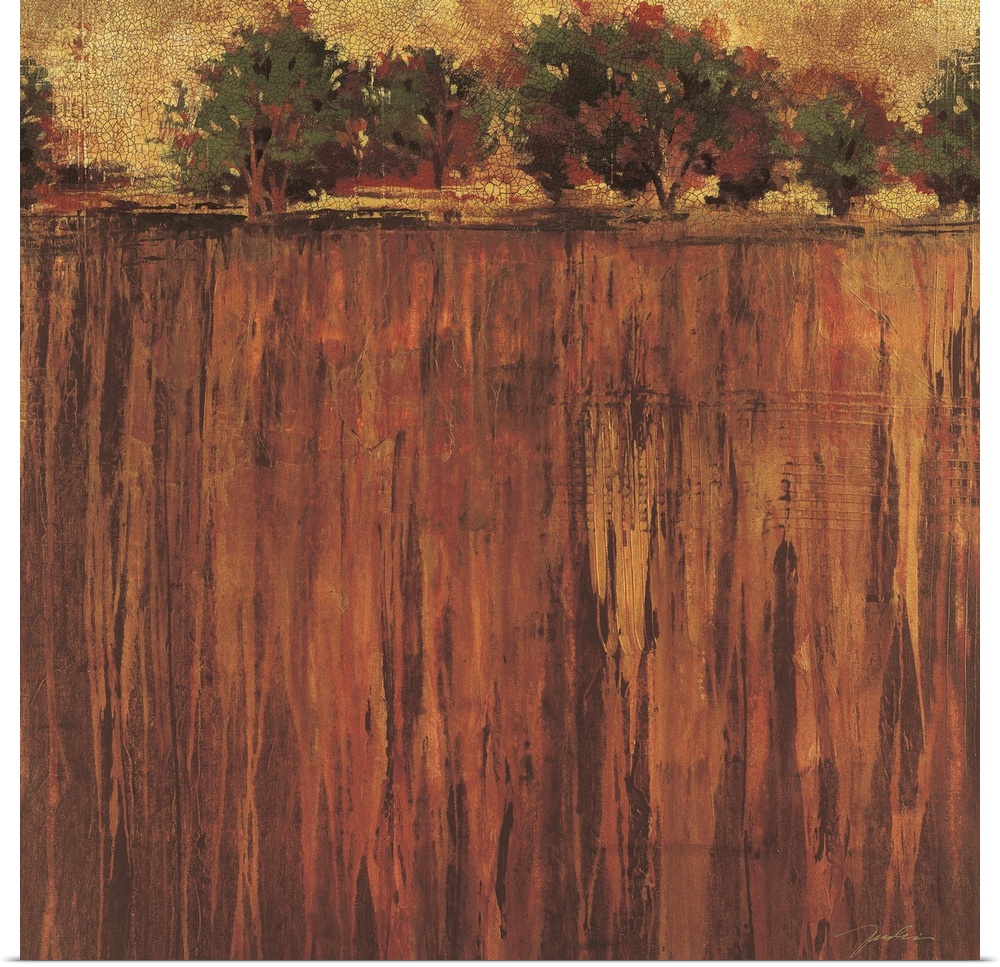 Contemporary painting of a warm toned field leading to trees in the distance.