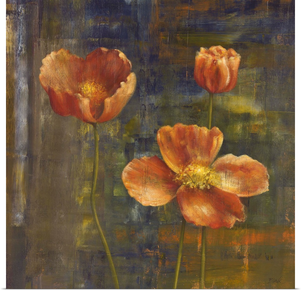 Contemporary painting of Icelandic poppies in a muted orange.