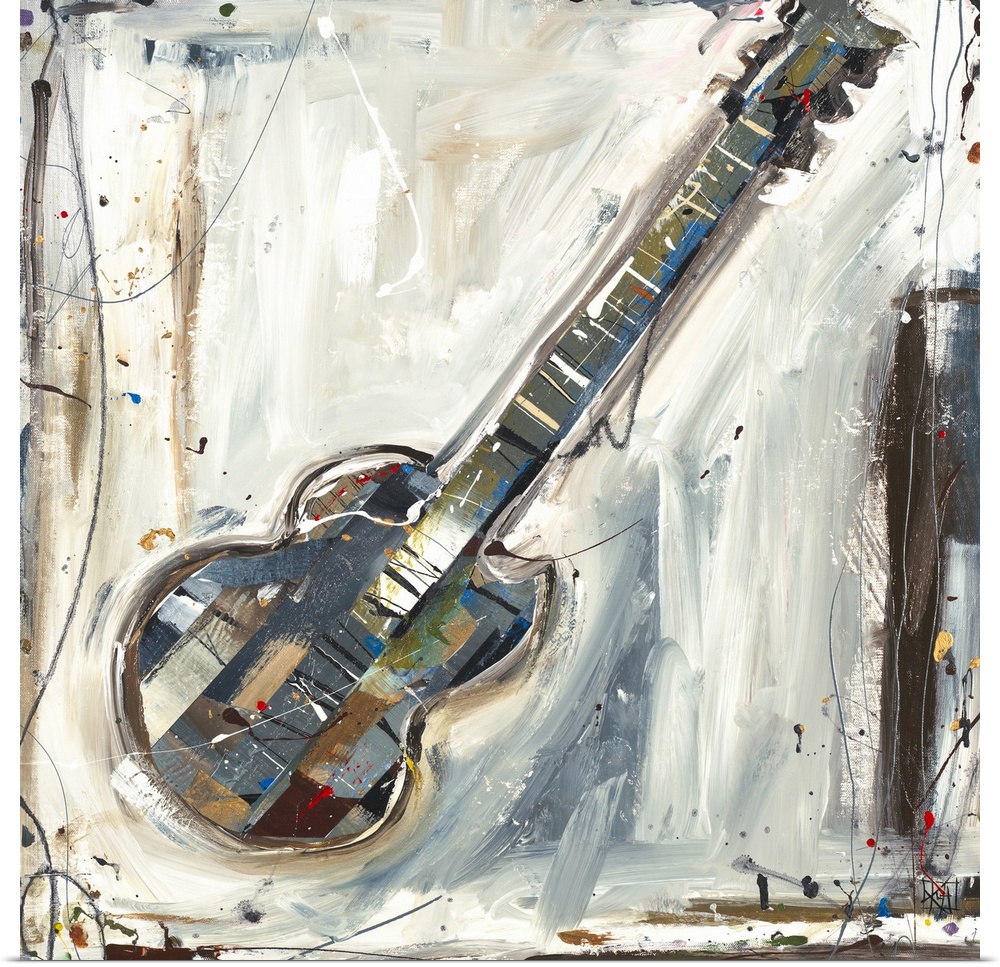 Contemporary abstract painting of musical instrument.  Brush strokes are visible along with paint splatter and drips.