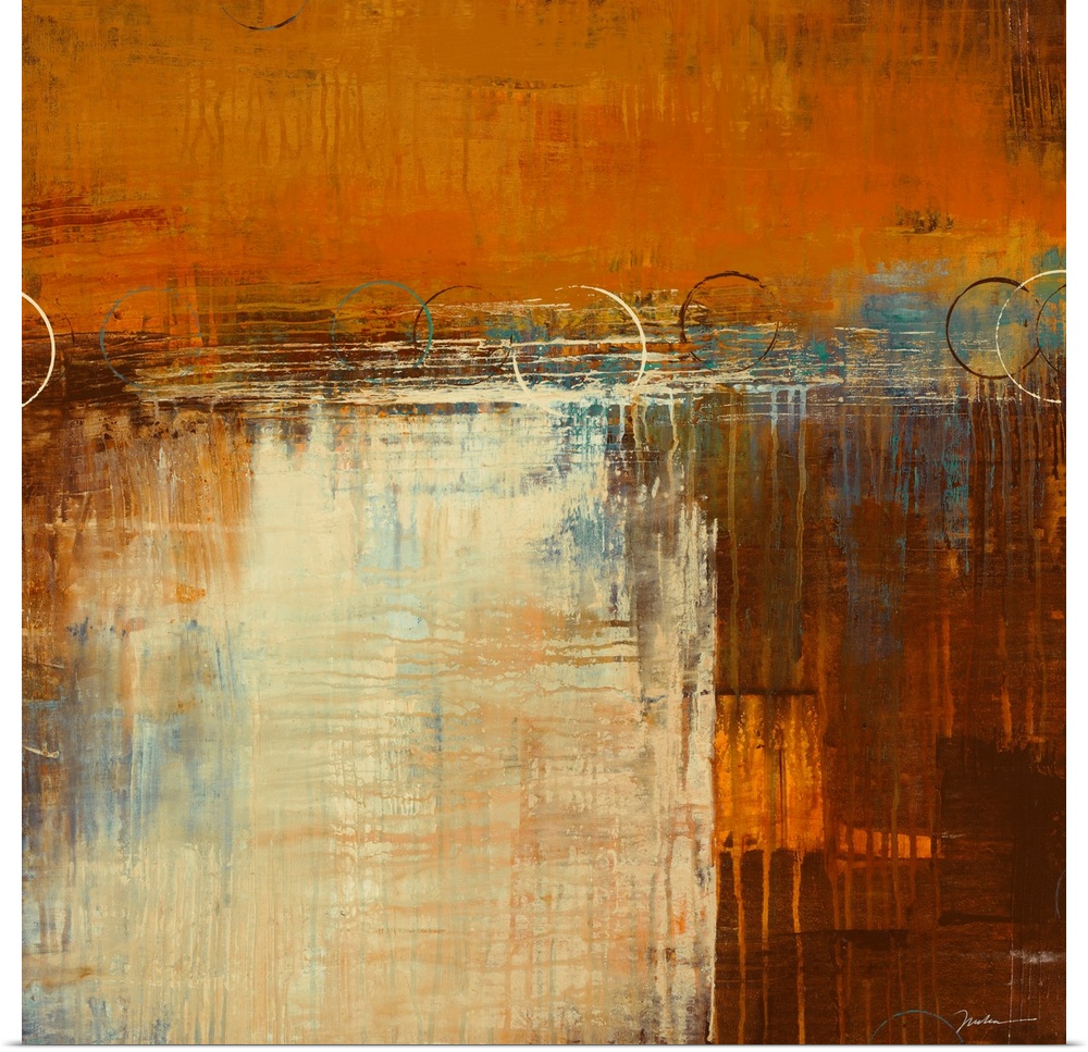 Square, abstract painting in warm earth tones of patchy, layered colors with small drips running vertically and horizontal...