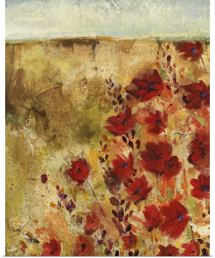 A contemporary painting of red flowers in an empty field.