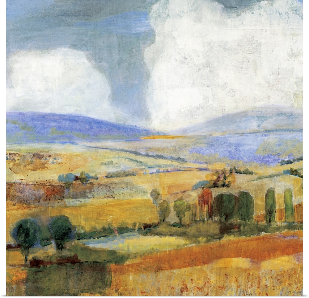 Square contemporary painting of a golden countryside of rolling hills and trees beneath a sky with large fluffy clouds.