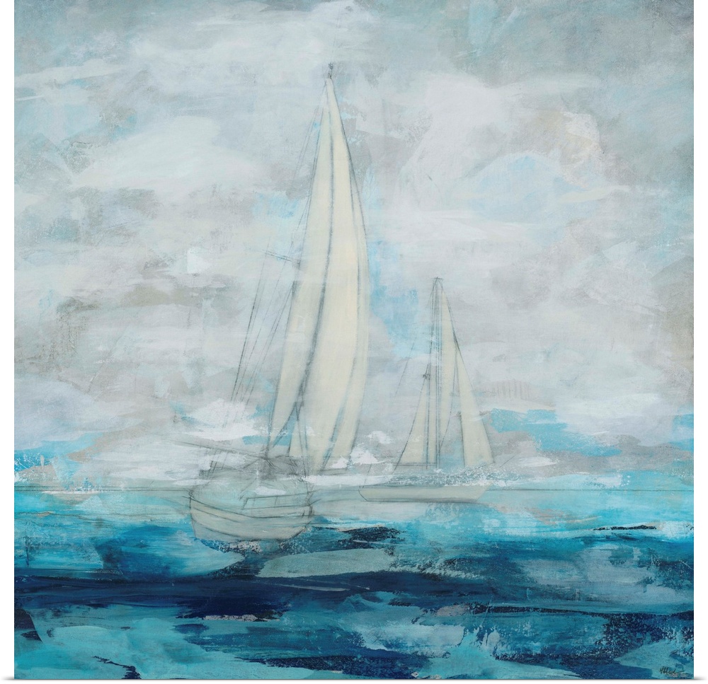 Contemporary painting of a sailboat on blue water.