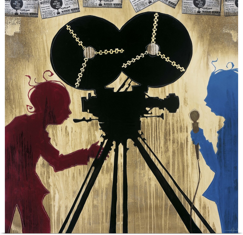 A painting of a camera man in red silhouette pointing a camera at man in blue silhouette holding a microphone.