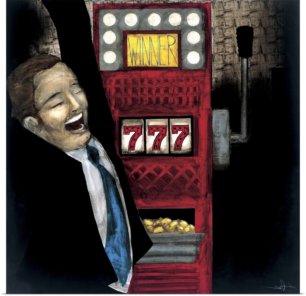 A painting of a man cheering from winning tons of money from a casino slot machine.