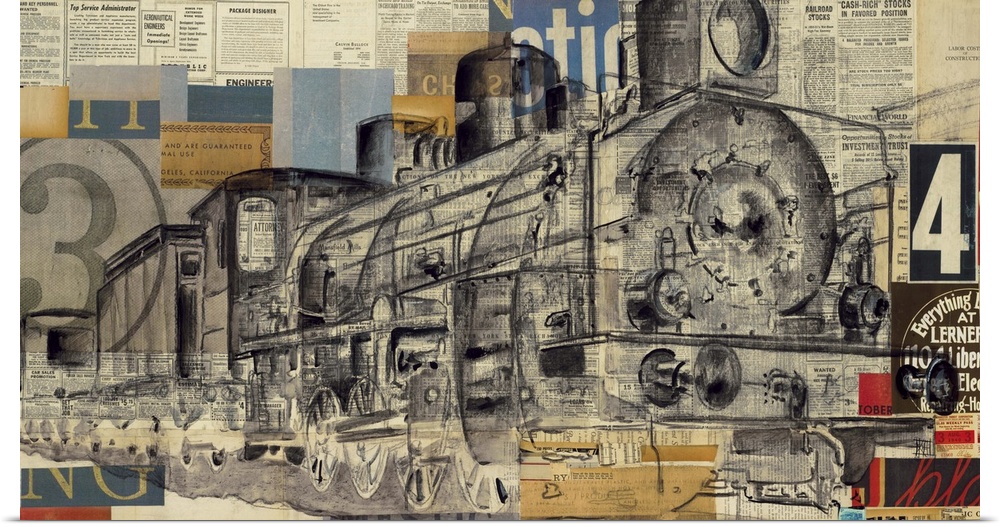 Collage artwork incorporating numbers and letters over top of the image of a train engine.