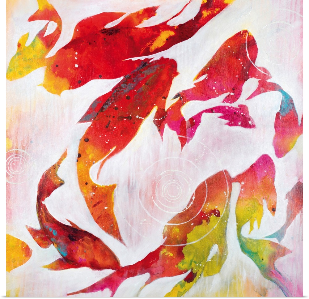 Contemporary painting of colorful koi swimming in a pond.