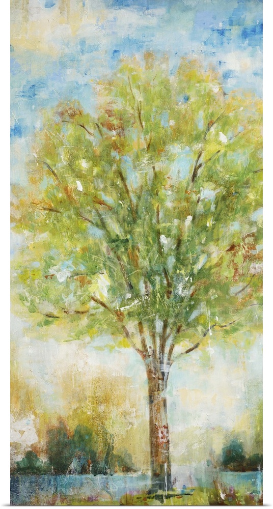 Contemporary painting of a tree with bright green foliage.