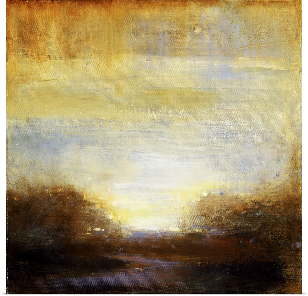 Contemporary painting of a scenic landscape in textured warm earth tones.
