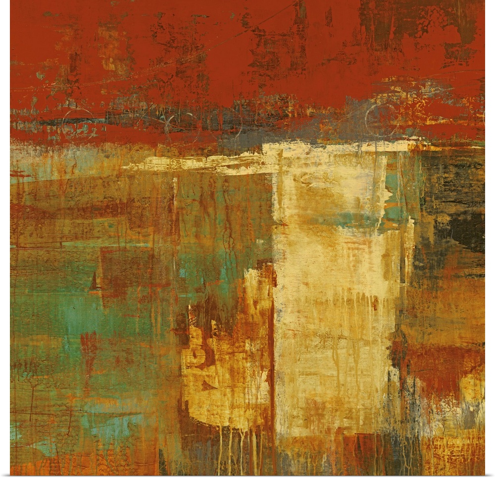 Abstract artwork that uses lots of warmer tones and blocks of painting. Some of the paint has dripped down the print.
