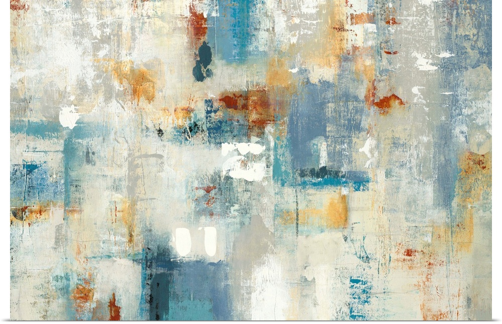 Large abstract painting with shades of blue, yellow, orange, gray, and white.