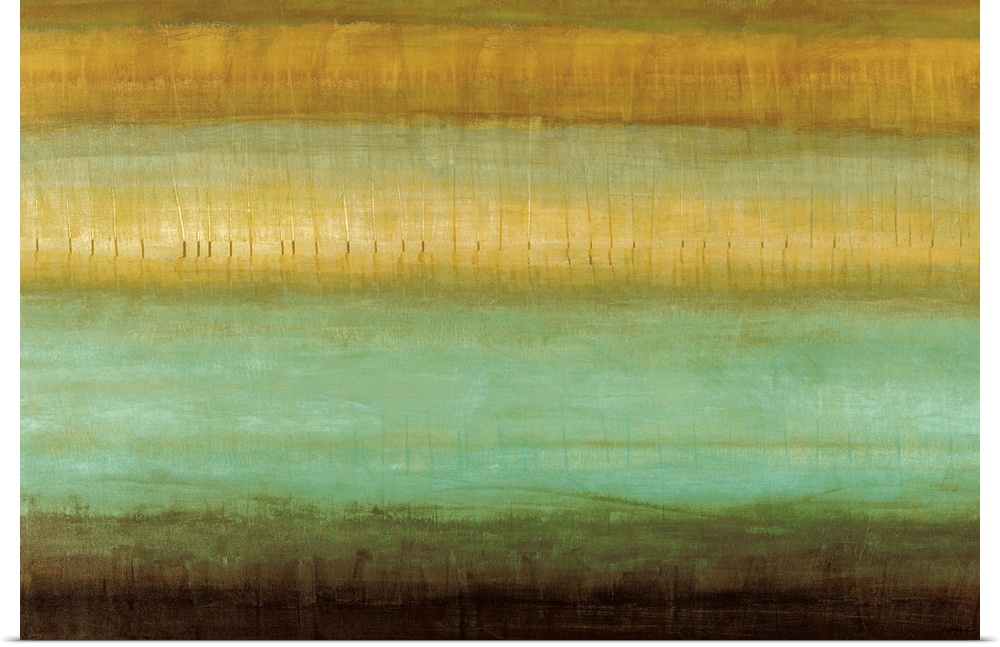 This horizontal wall hanging is a contemporary painting of different colors and textures.