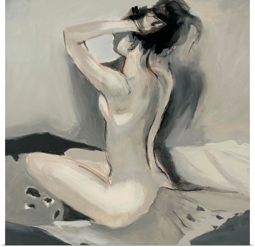 Square painting of a nude woman sitting on a bed holding her hair up with both arms in neutral colors.