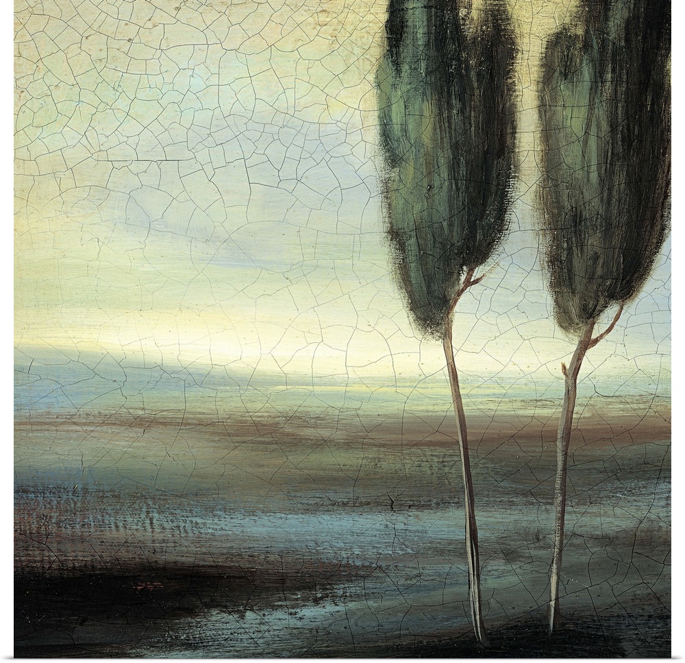 Contemporary painting of two trees standing in an empty looking field.