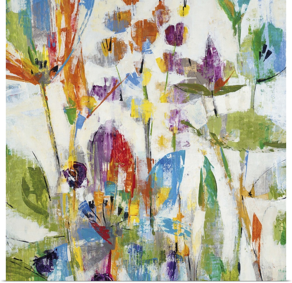 Contemporary painting of multi-colored flowers.