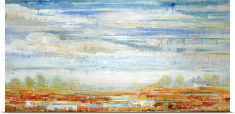 Contemporary landscape painting looking out over red fields under a vibrant blue cloudy sky.