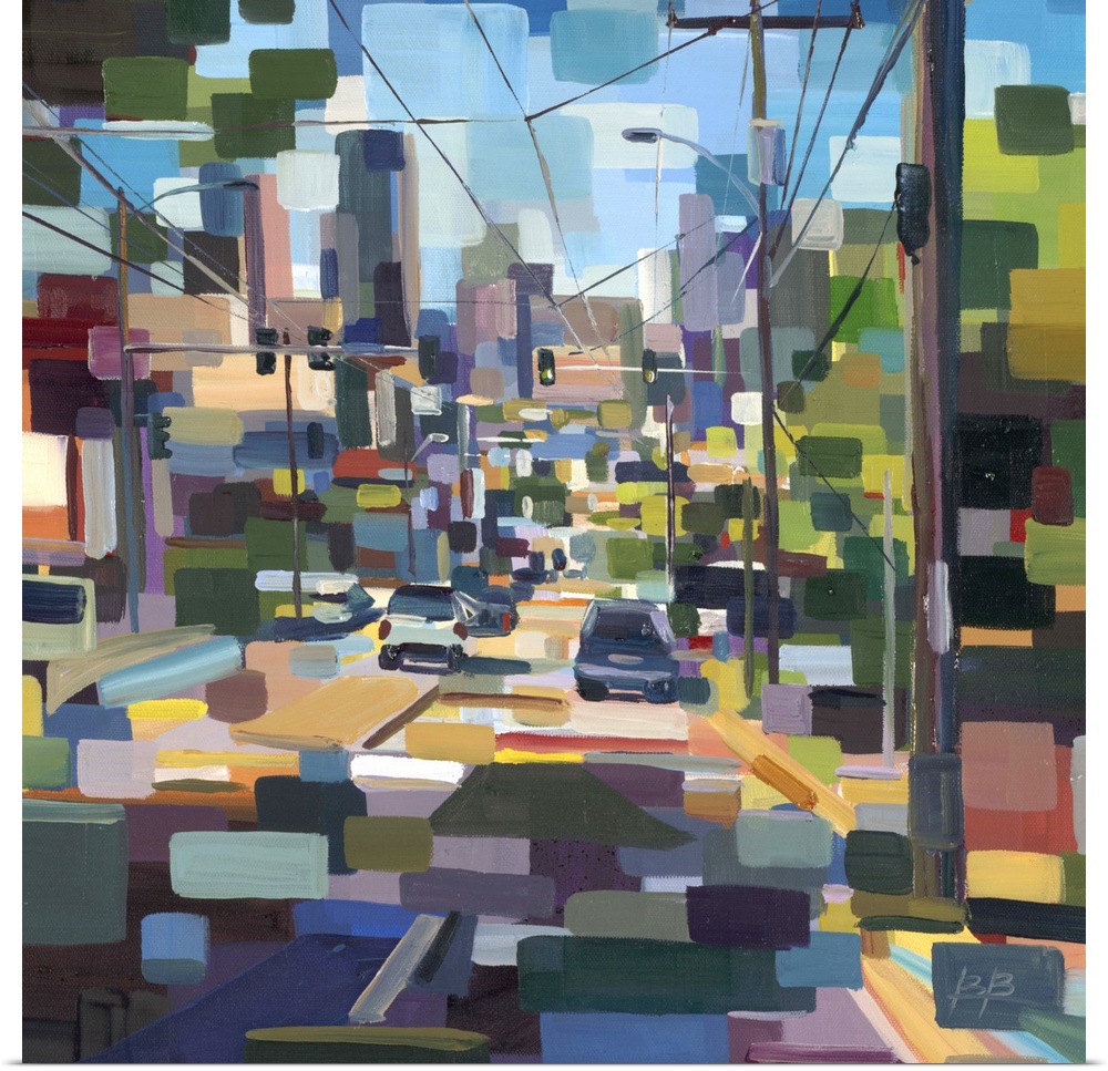 Contemporary abstract painting looking down a neighborhood street deconstructed in to geometric shapes.