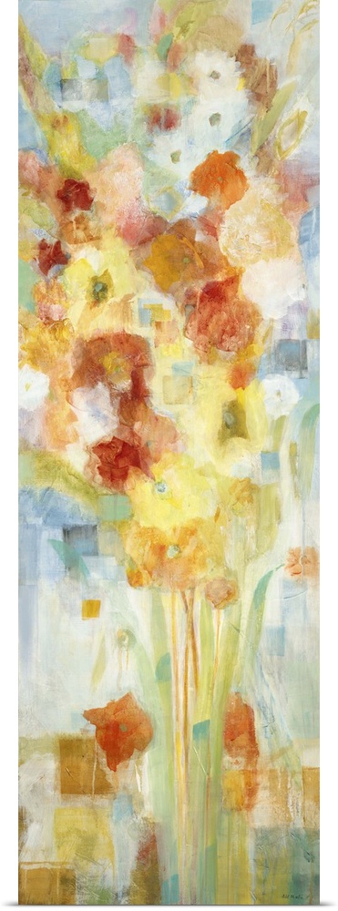 A contemporary painting of flowers in red orange and yellow tones.