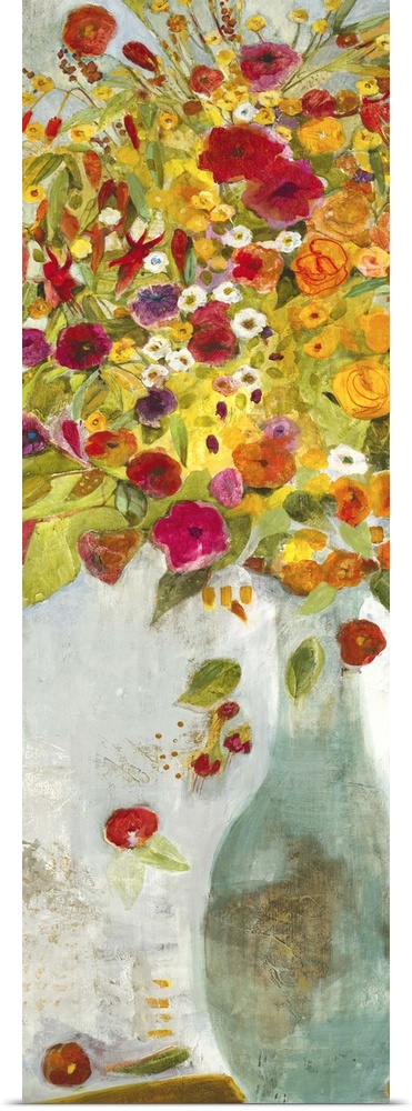 A contemporary painting of a pale blue vase holding flowers in red orange and yellow tones.