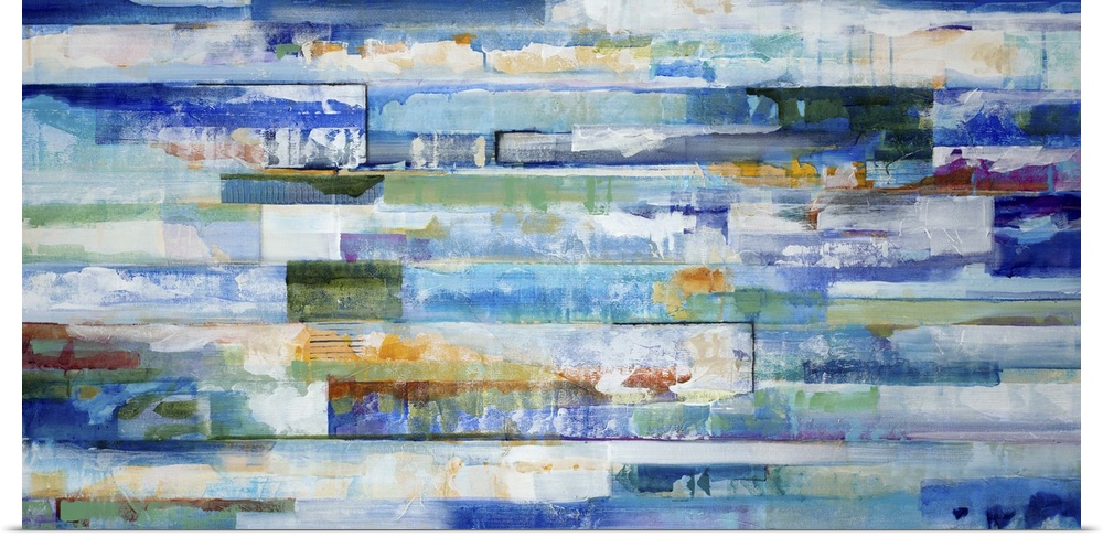 A contemporary abstract painting using predominantly blue and green tones in horizontal movements.