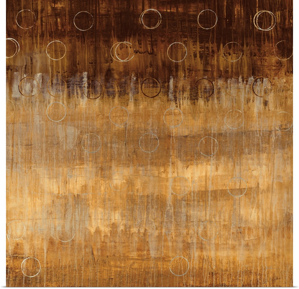 Abstract painting on a square canvas of circles drawn over top of an earth toned gradient.