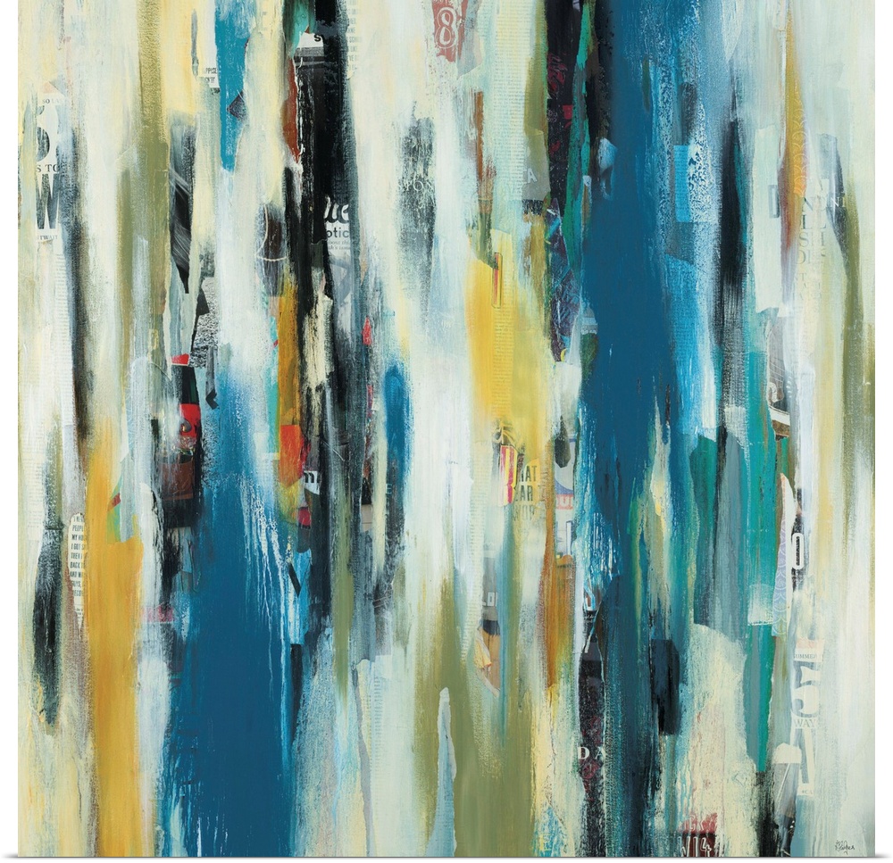 Contemporary abstract painting using a a color palette of a blue yellow and green tones in vertical movements.